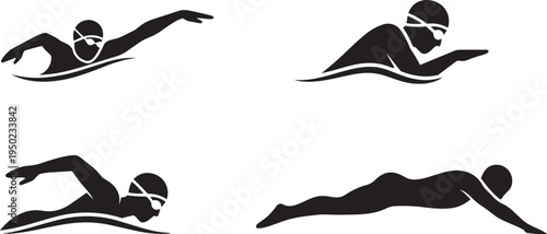 Black silhouette swimmer icons freestyle butterfly breaststroke backstroke sport aquatic design