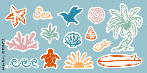 Hand drawn summer beach stickers set with surfboard, palm tree, sun and coral. Colorful retro style stickers with white outline. Vector illustration.