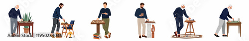 Set of flat illustrations featuring men of different ages playing board games like chess and backgammon in stylish indoor settings.