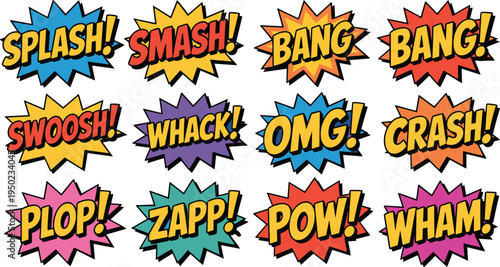 Colorful Comic Book Sound Effects Set with Splash Smash Bang Swoosh Whack OMG Crash Plop Zapp Pow Wham Pop Art Explosion Burst Vector Illustration