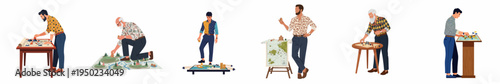 Vector illustrations of men of different ages engaging in strategic planning, playing board games, and analyzing maps.