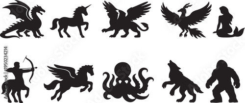 Mythical creatures collection icon set featuring dragon, unicorn, phoenix and fantasy legend symbols.