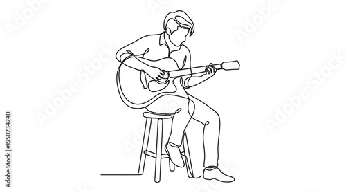 Minimalist continuous one line drawing of a musician playing acoustic guitar while sitting on a stool. Modern line art vector illustration isolated on white background.