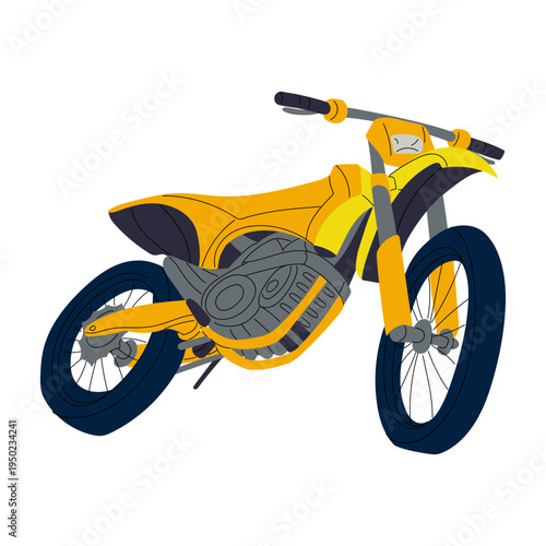 Flat illustration of yellow motocross motorcycle isolated on white background. Sports vehicle graphic for extreme racing banners, biker club stickers, transport posters or motor adventure designs.