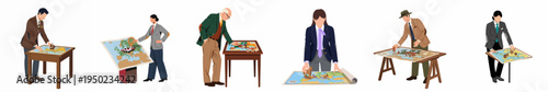 Flat vector illustration of professional people in formal attire strategically analyzing and placing markers on various maps of Europe for planning.