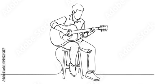 Minimalist continuous one line drawing of a musician playing acoustic guitar while sitting on a stool. Modern line art vector illustration isolated on white background.