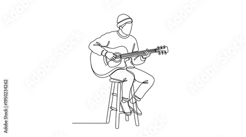 Minimalist continuous one line drawing of a musician playing acoustic guitar while sitting on a stool. Modern line art vector illustration isolated on white background.
