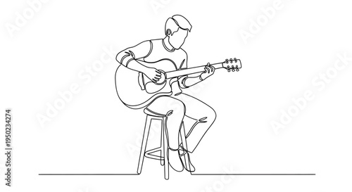 Minimalist continuous one line drawing of a musician playing acoustic guitar while sitting on a stool. Modern line art vector illustration isolated on white background.