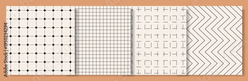 Set of four retro abstract seamless patterns with blinks, grids, and zigzags. Vector graphic design for wrapping papers, wallpaper backgrounds, and decorative backdrops.