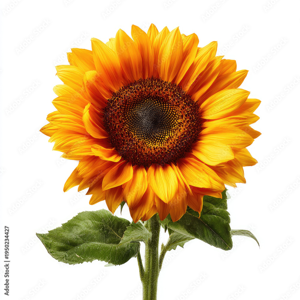 Obraz premium Sunflower with bright yellow petals and green leaves isolated