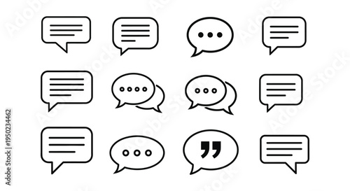 Collection of twelve distinct black outline speech bubble vector icons representing digital communication concepts