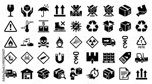 Set of packaging and shipping symbols including fragile glass, keep dry umbrella, handle with care, recycle, temperature limit, warning signs, and orientation arrows.