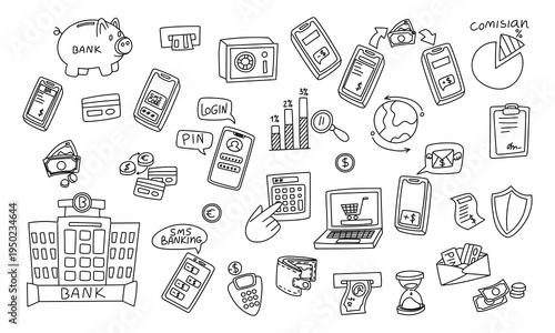 Monochrome outline illustration set with banking and finance symbols. Linear art icons of money, cards, online payments and business growth. Isolated graphics for economic web design or stickers