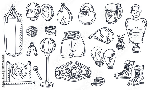 doodle set. Flat outline illustration set of boxing equipment including gloves, punching bag, helmet and champion belt. Sport graphic for fitness web banners, gym posters or martial arts training