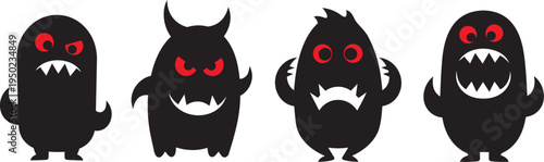 Black silhouette monster icons cartoon fantasy horror design vector spooky strange style