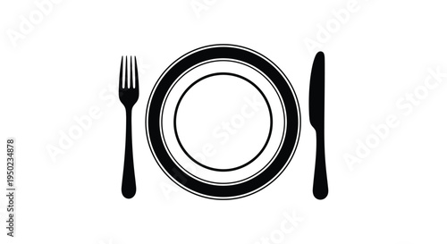 Minimalist graphic design featuring an empty round plate with a fork and knife illustration.