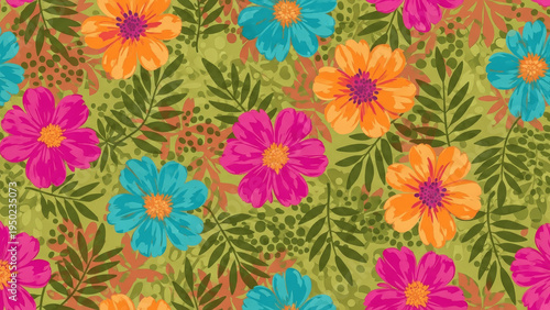 Retro Vibrant Floral Pattern Seamless Vector Art with Colorful Vintage Flowers and Leaves, Bold Botanical Repeat Background for Fabric