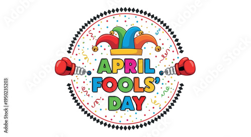 Colorful graphic illustration of April Fools' Day with a jester's hat and confetti in a circular composition with a playful mood.