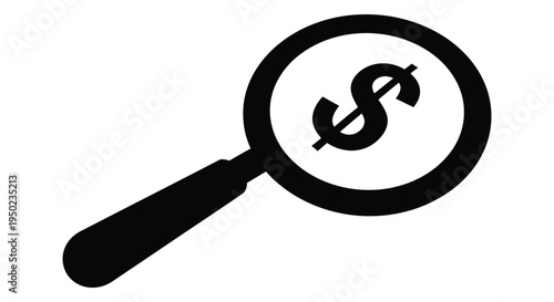 Black and white vector graphic illustration representing financial magnifying glass searching for dollar currency symbol