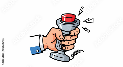 Cartoon illustration of a hand holding a red emergency panic button with a coiled cord against a white background.