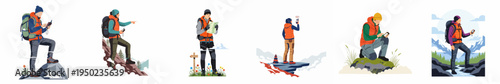Set of vector illustrations featuring hikers and mountaineers navigating through diverse mountain landscapes using GPS devices, maps, and communication technology.