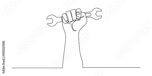 A single continuous line drawing of a human hand firmly gripping a metallic open ended wrench tool