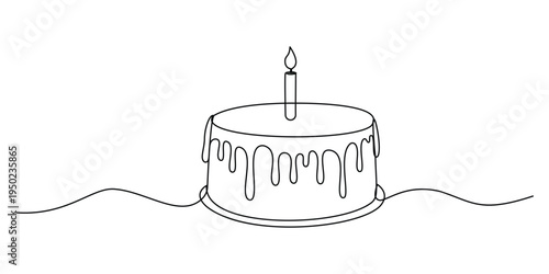 A single continuous line drawing of a delicious birthday cake topped with a lit birthday candle