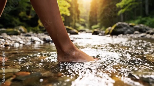 Barefoot feet walking clear river stream water golden sunlight green forest trees nature outdoor explore