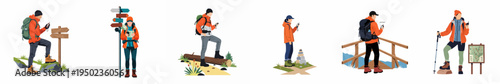 Set of hikers with backpacks and navigation tools like GPS, maps, and smartphones on trails, flat vector illustration isolated on white background.