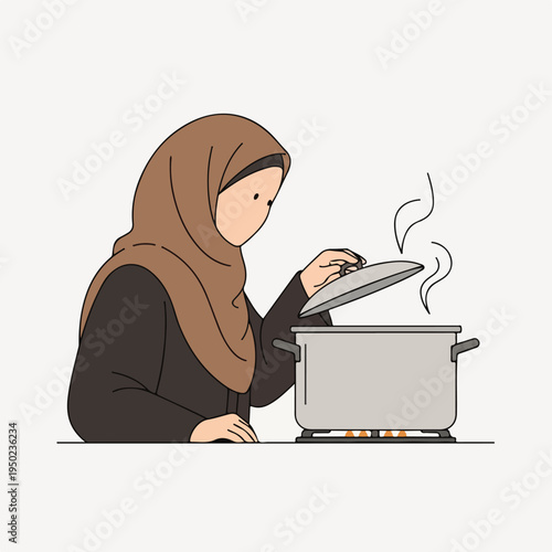 Woman wearing hijab cooking in kitchen with pot on stove