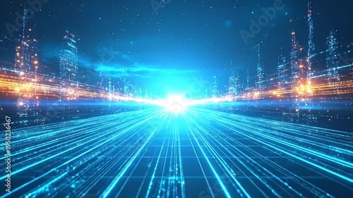 Futuristic Digital Cityscape of Networks and Data Streamlines for Technology
