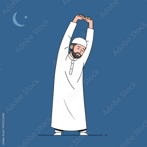 Man wearing white traditional outfit stretching under crescent moon