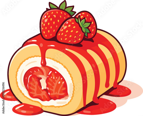 Sweet Strawberry Swiss Roll Cake with Red Jam, Cute Bakery Dessert Pastry Vector Illustration