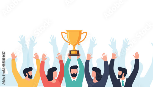 Happy Business Team Celebrating Victory Holding Golden Trophy with vector illustration