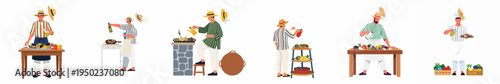 Set of flat vector illustrations depicting male chefs in traditional attire preparing healthy Mediterranean dishes with fresh vegetables and olive oil.