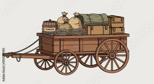 Vintage covered wagon on Patriots Day with luggage and goods for travel