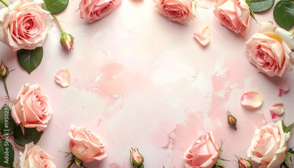 Fototapeta premium 淡いピンクのバラと白大理石の背景｜エレガントな花のフレーム Soft Pink Roses and White Marble Background | Elegant Floral Frame