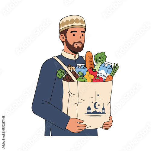 Man in traditional clothing holding a reusable shopping bag full of fresh produce and groceries