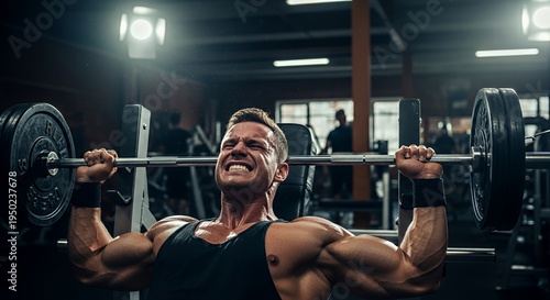 Powerful muscular man performing an overhead press with a barbell in a gym