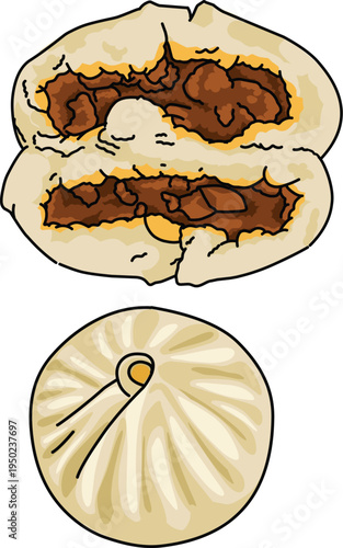 Steamed Meat Bun Baozi, Traditional Asian Chinese Dumpling Street Food Vector Illustration