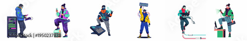Diverse collection of futuristic cyberpunk characters performing high-tech tasks like coding, server management, and virtual reality interaction in a vibrant vector illustration style.