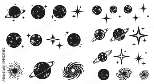 Cosmic Space Icons and Planets Silhouette Vector Illustration Design Element Set