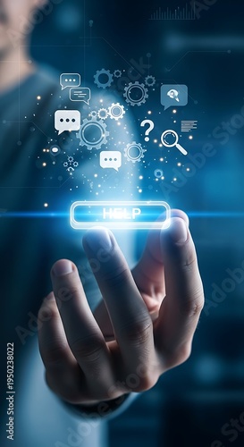 Person interacts with glowing digital interface to activate support and assistance functions