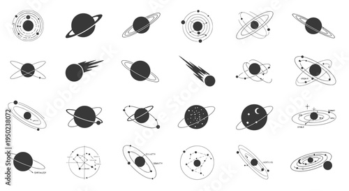 Astronomy and Solar System Planetary Orbit Silhouette Icons Graphic Design Element