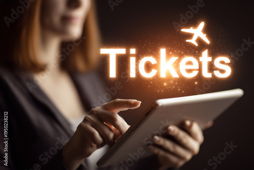 Woman using a digital tablet to book flight tickets with glowing holographic text and airplane icon, online travel booking concept
