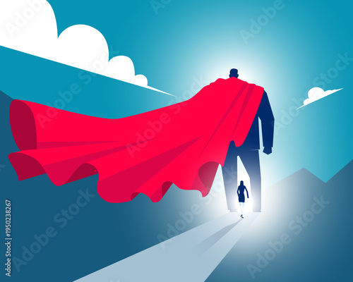 Help. The leader giant business wearing the red cape giving the right path to the small businessman