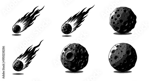 Black and White Space Meteor Comet and Asteroid Silhouette Vector Icon Collection