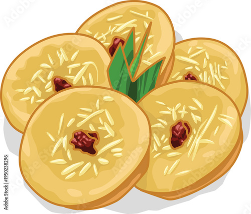 Indonesian Kue Lumpur Mud Cake with Cheese and Raisin Toppings, Traditional Asian Sweet Snack Vector