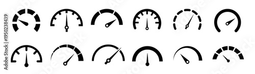 Speedometer icon set. Set of gauges from low to high. Risk meter icon set. Risk concept on speedometer. Set of gauges from low to high.  Vector illustration.