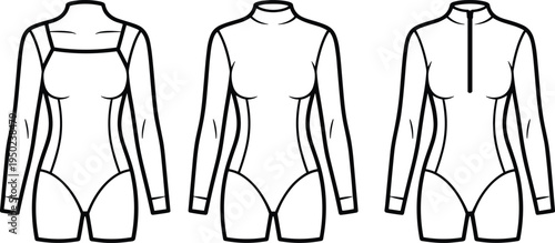 Set of women bodysuit fashion technical sketches, long sleeve leotard apparel templates with different neckline styles, front view clothing outline for garment design, sewing pattern mockup
